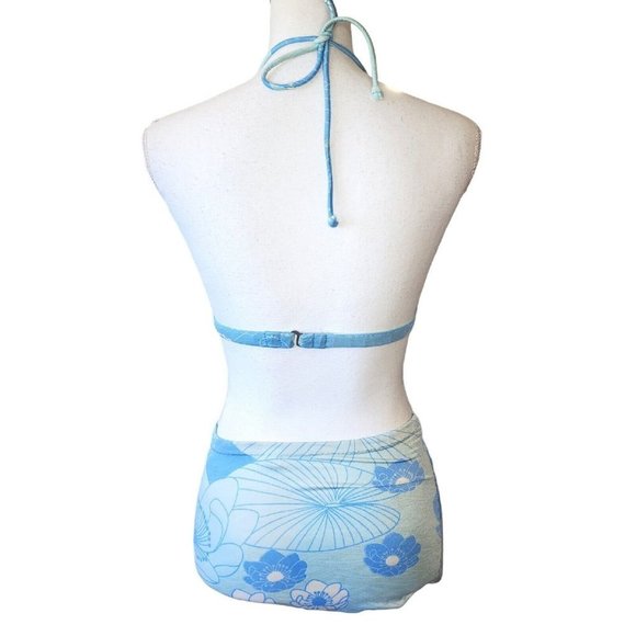 Vintage 60s 70s Pinup Retro Style Skirted Bikini Blue Halter Floral S/M READ - Picture 8 of 14